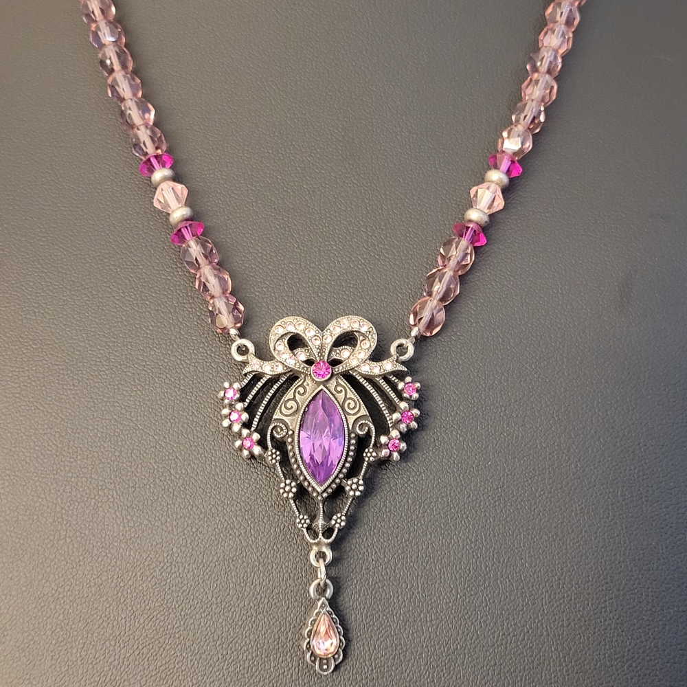 1928 Purple & Pink Crystals Ornate Pendant Sparkling Glass Beaded Necklace - Picture 9 of 16